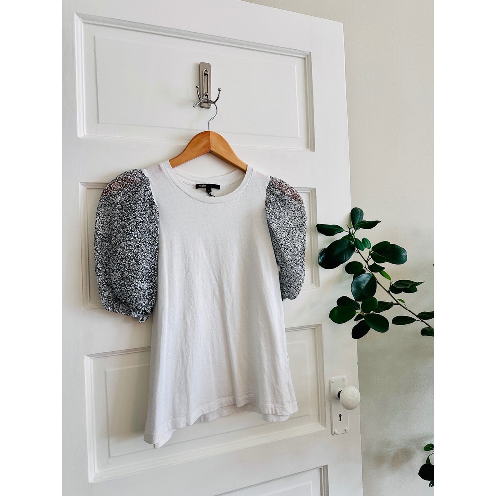 Maje White Crewneck Tee with Sheer Floral Puff Sleeves Size 1 Small